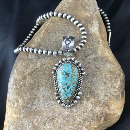 Navajo Pearls Sterling Silver Necklace with Blue #8 Turquoise Pendant | 2.7" | Authentic Native American Handmade | 10151