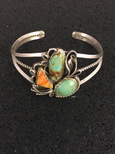 Southwestern Spiny Oyster & Turquoise Bracelet | Navajo Sterling Silver | Authentic Native American Handmade | 8842