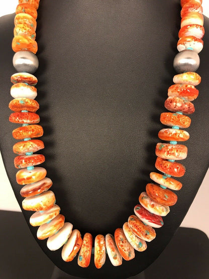 Navajo Orange Spiny Oyster Turquoise Necklace | Sterling Silver | Native American Handmade | 22" | 01822 - Masha USA