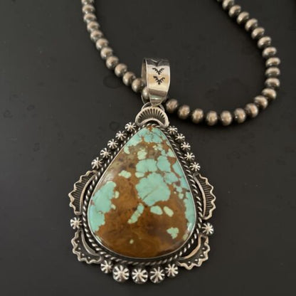 Navajo Pearls Necklace with Blue Turquoise #8 Pendant | Sterling Silver | Native American Handmade | 11294