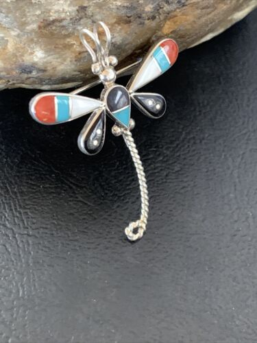 Zuni Turquoise Mother of Pearl Inlay Dragonfly Necklace Pin Pendant | Sterling Silver | 12327