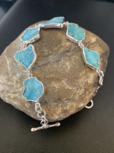 Navajo Blue Kingman Turquoise Rough Link Bracelet | Sterling Silver | 8" | 11648