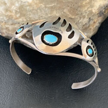 Navajo Turquoise Bear Paw Cuff Bracelet | Sterling Silver | Authentic Native American Handmade | 12875