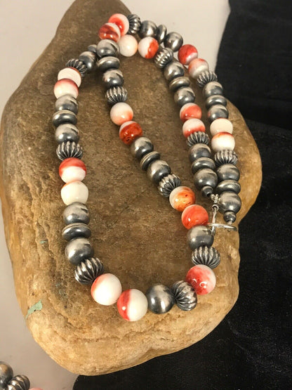 Navajo Spiny Oyster Beads Necklace | Sterling Silver | 21" | Authentic Native American Handmade | 8533