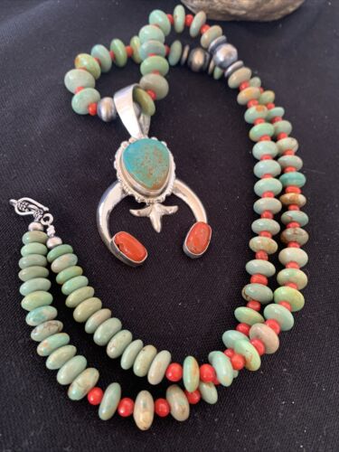 Navajo Royston Turquoise Coral Naja Pendant Necklace | Authentic Native American Sterling Silver | Naja | 1402