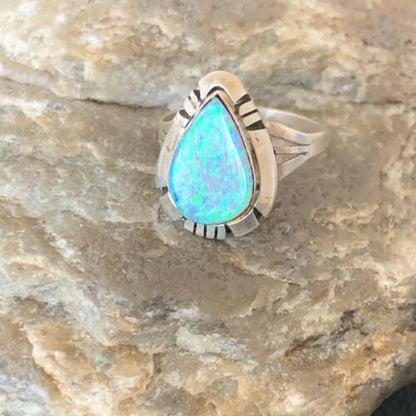 Navajo Blue Opal Inlay Band Ring | Sz 7 | Authentic Native American Handmade | 12419