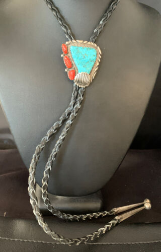 Ultra Rare Men's Bolo Tie | Blue Kingman Turquoise & Coral | Sterling Silver | Navajo | 13669