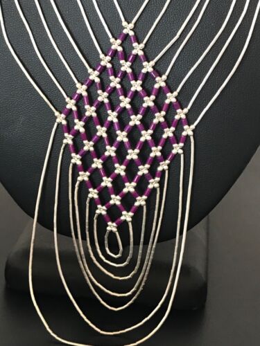 Native American Sugilite Heishi Tubes Necklace | 7 Strand Liquid Sterling Silver | 8560