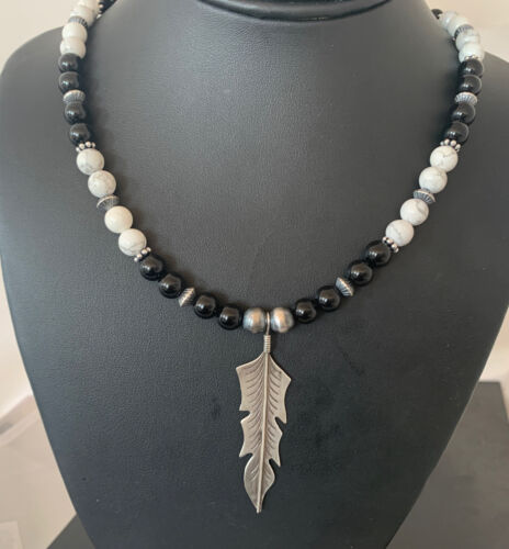 Navajo Feather Pendant | Black Onyx & Howlite | Sterling Silver Necklace | Authentic Native American Handmade | 01101