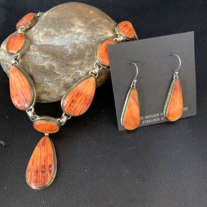 Navajo Lariat Necklace with Orange Spiny Oyster Earrings | Sterling Silver Pendant | 20" | Authentic Native American Handmade | 13882
