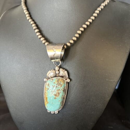 Navajo Pearls Sterling Silver Necklace with Blue Turquoise #8 Pendant | Authentic Native American Handmade | 14809