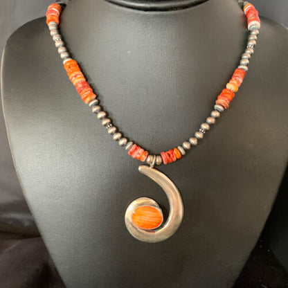 Navajo Orange Spiny Oyster Pendant Necklace | Sterling Silver | Authentic Native American Handmade | 13651