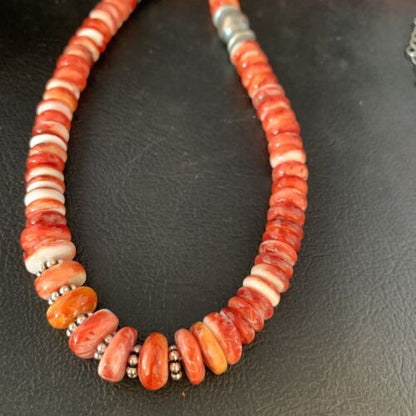 Navajo Red Spiny Oyster Graduated Necklace | Sterling Silver | Authentic Native American | 18" | 13616