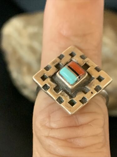 Native American Women's Navajo Blue Turquoise Coral Inlay Ring | Sz 8 | 13132