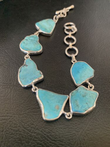 Navajo Blue Kingman Turquoise Link Bracelet | Sterling Silver | 8" | Authentic Native American Handmade | 11647