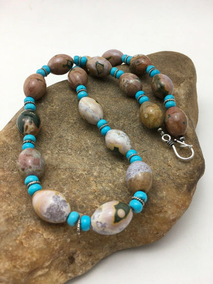 Native American Sterling Silver Blue Turquoise Agate Necklace | Authentic Handmade | 19" | 4499 - Masha USA