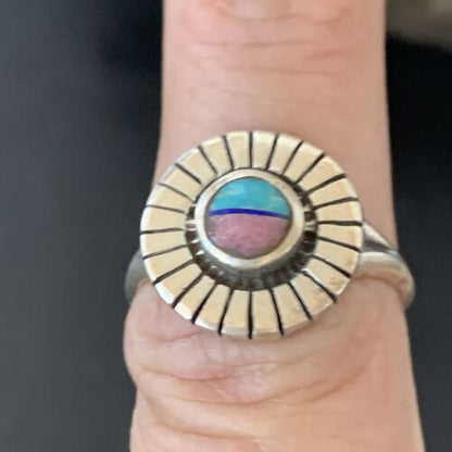 Navajo Blue Turquoise Coral Inlay Ring | Sz 7.5 | Authentic Native American Handmade | 11204