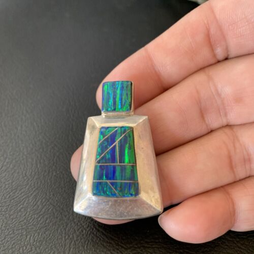 Authentic Native American Navajo Sterling Silver Blue Opal Inlay Pendant | Handmade Jewelry | 13338