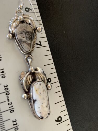 Navajo White Buffalo Turquoise Dangle Earrings | Sterling Silver | 2.5" | Authentic Native American Handmade | 12154