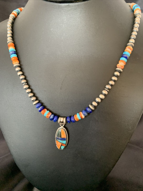 Navajo Native American Multi-Color Turquoise Spiny Inlay Pendant Necklace | Sterling Silver | 10660