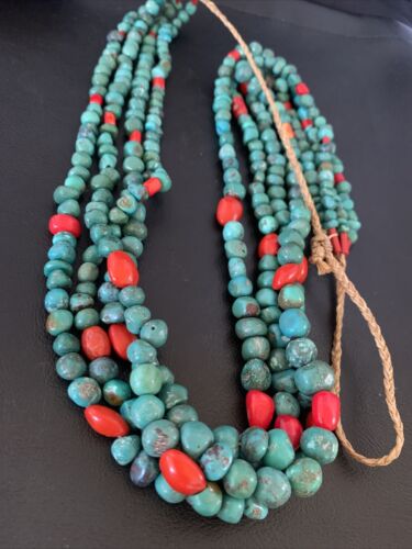 Men's Santo Domingo Blue Turquoise Coral Necklace | 4 Strand Large Bead | 34" | 13184