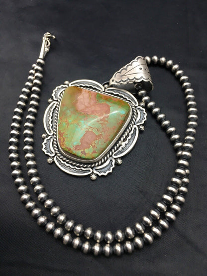 Royston Turquoise Pendant | Navajo Pearls Sterling Silver Necklace | Authentic Native American Handmade | 4276