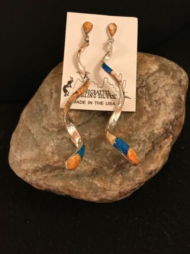 Navajo Snake Swirl Spiny Opal Inlay Sterling Silver Earrings | Long 3.25" Dangle | Southwestern Native American | 1059