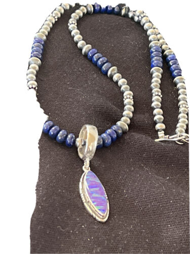 Navajo Purple Opal Pendant Lapis Necklace | Sterling Silver | Authentic Native American Handmade | 1305