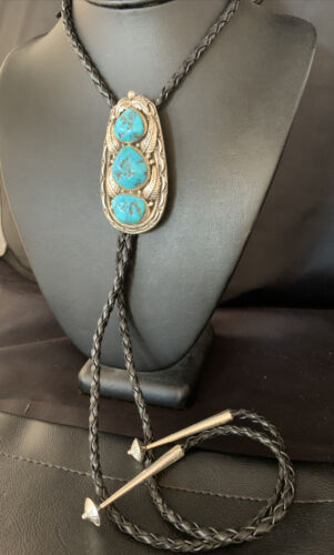 Ultra Rare Navajo Men's Bolo Tie | Blue Kingman Turquoise | Sterling Silver | Authentic Native American Handmade | 13667