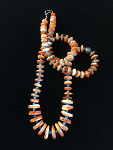 Navajo Orange Spiny Oyster & Turquoise Graduated Necklace | Sterling Silver | Authentic Native American | 30" | 1771