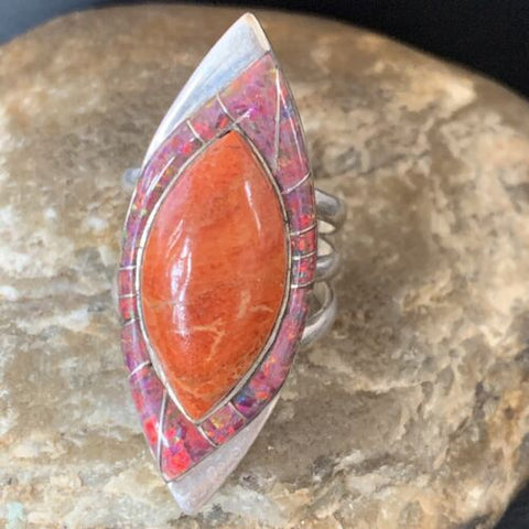 Native Navajo Sterling Silver Red Spiny Oyster Opal Inlay Ring Size `10 12845
