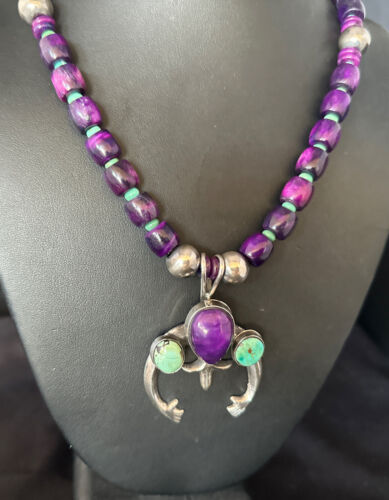Navajo Purple Sugilite Turquoise Naja Pendant Necklace | Sterling Silver | Native American Handmade | 14735