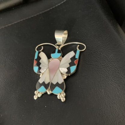 Zuni Butterfly Pendant Necklace | Turquoise Mother of Pearl Onyx Inlay | Sterling Silver | 13684
