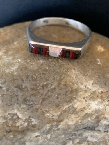Native American Navajo Black Onyx Opal Coral Inlay Ring | Sz 6 | Authentic Handmade | 11146 - Masha USA