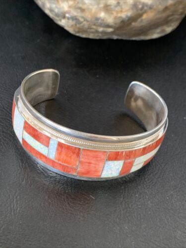 Native American Zuni Red Spiny Oyster Opal Inlay Cuff Bracelet | Sterling Silver | 12096
