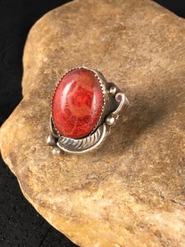 Native American Apple Coral Sponge Ring | Navajo Sterling Silver | Sz 10.5 | 8763
