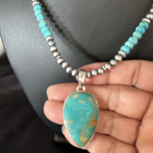 Navajo Blue Turquoise Pendant Necklace | Sterling Silver | Authentic Native American Handmade | 14472