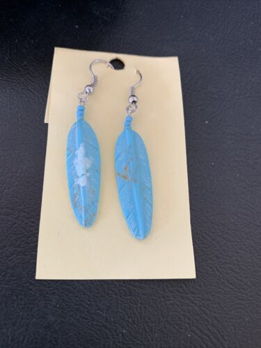 Navajo Turquoise Feather Slab Earrings | Sterling Silver Dangle | Authentic Native American Handmade | 12008