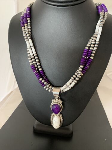 Navajo Sterling Silver Turquoise & Sugilite Beads Necklace Pendant | 23" | Multi-Strand | 01867