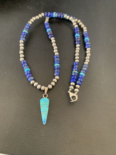 Men's Navajo Pendant | Blue Lapis Turquoise Opal Sterling Necklace 22" | 13385