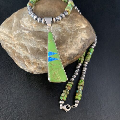 Navajo Green Turquoise Gaspeite Inlay Necklace | Sterling Silver | Authentic Native American Handmade | 13808