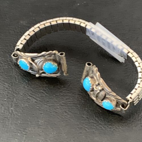 Navajo Sterling Silver Watch Tips | Old Pawn Blue Turquoise Band | Authentic Native American Jewelry | 1638