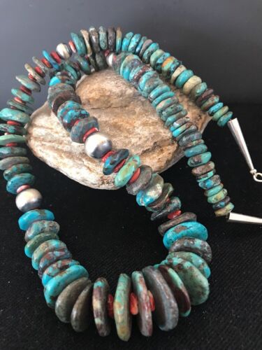 Navajo Blue Turquoise & Spiny Oyster Necklace | Sterling Silver | Authentic Native American | 24" | 202