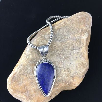 Native American Men's Navajo Pearls Necklace Pendant | Sterling Silver | Blue Lapis | 10081