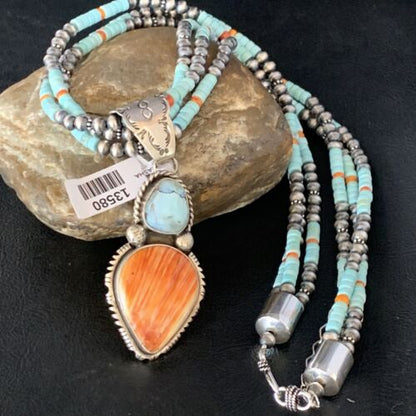 Navajo Dry Creek Turquoise Pendant | Sterling Silver Spiny Necklace | 2.5" | Multi-Strand | 13580 - Masha USA