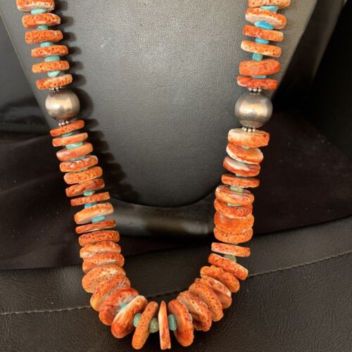 Orange Spiny Oyster & Blue Turquoise Graduated Necklace | Sterling Silver | Authentic Native American | 28" | 13713