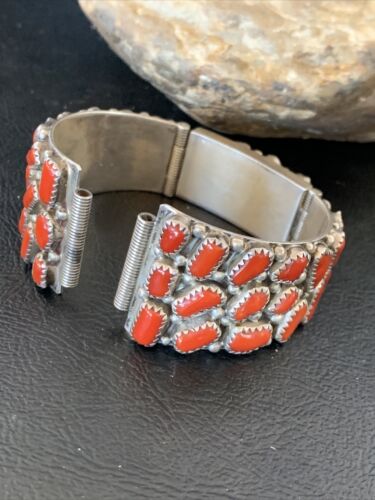 Old Pawn Men's Navajo Sterling Silver Watch Bracelet with Red Coral | Authentic Native American Jewelry | 12152