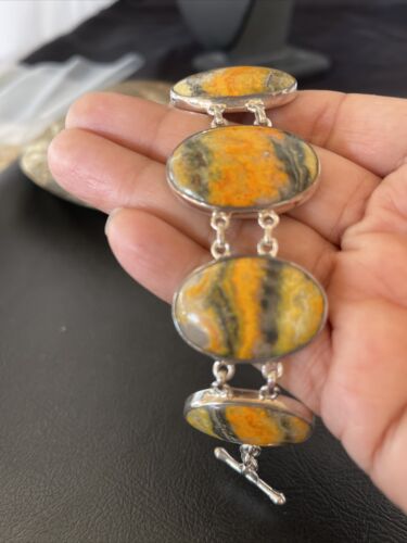 Navajo Bumblebee Jasper Link Bracelet | Sterling Silver | 7.5" | Authentic Native American Handmade | 10285