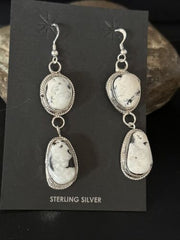 Navajo White Buffalo Turquoise Dangle Earrings | Sterling Silver | 2" | Authentic Native American Handmade | 14712