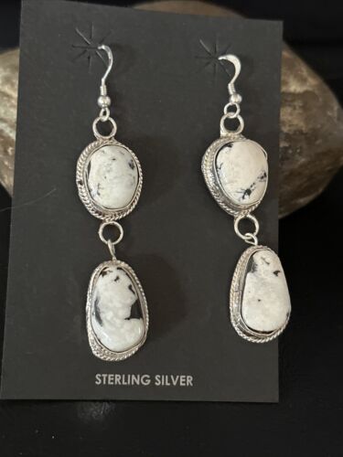 Navajo White Buffalo Turquoise Dangle Earrings | Sterling Silver | 2" | Authentic Native American Handmade | 14712